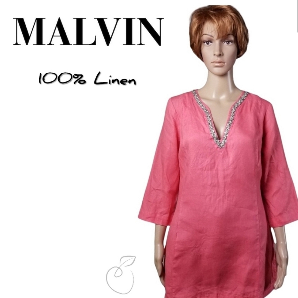 MALVIN "I LOVE LINEN" RHINESTONE TUNIC CORAL SZ L